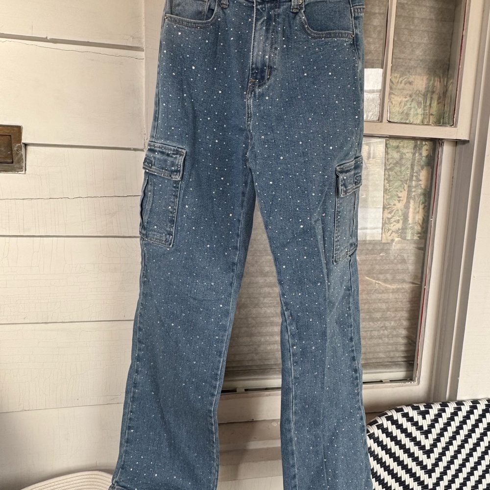 Denim Cargo Jeans with White Polka Dots